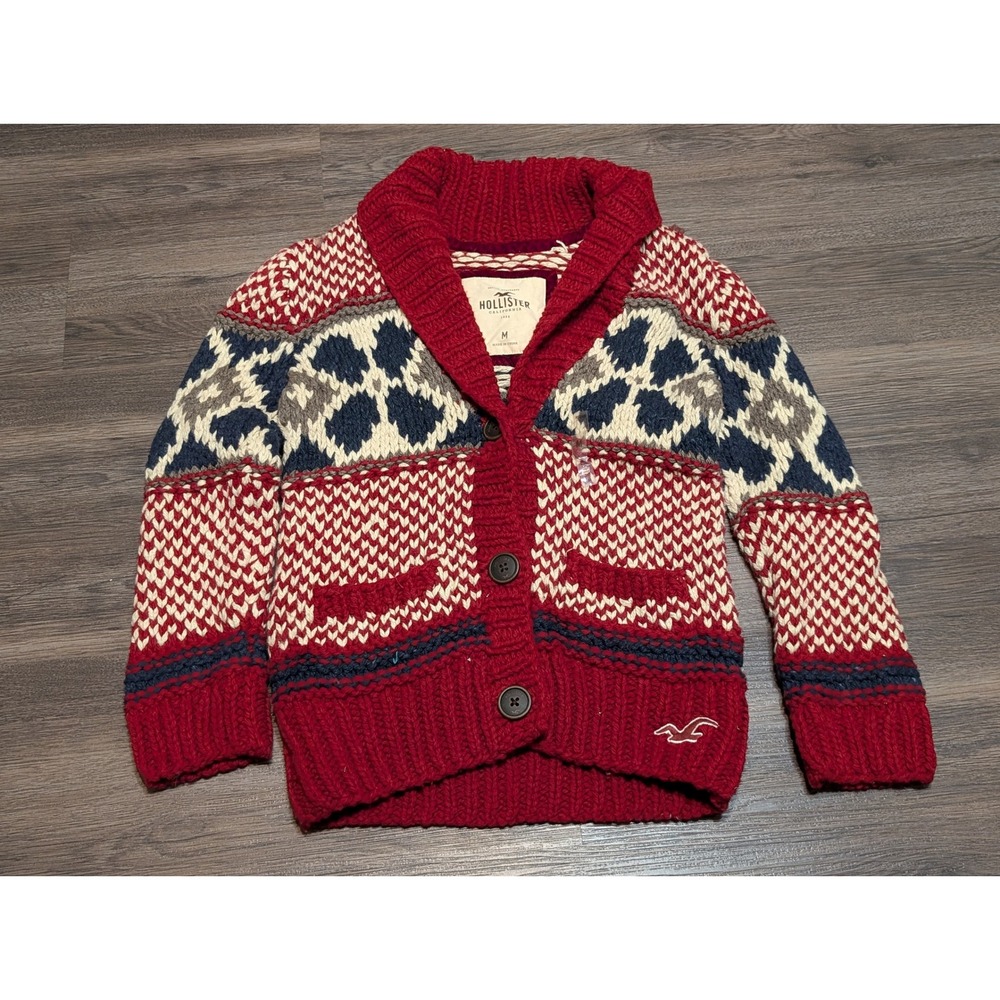 Hollister Chunky Fair Isle Shawl Collar Cardigan Sweater Womens M Red Nordic NWT